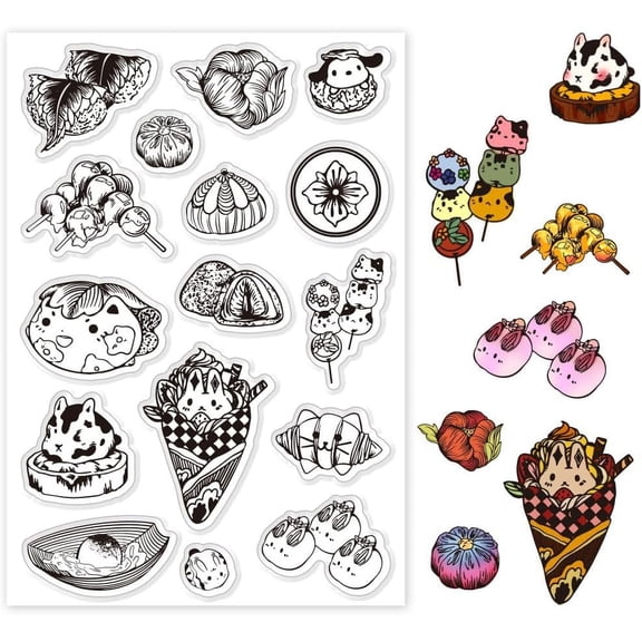 Clear Stamps Japanese Food Silicone Stamps for Card Making Animals Pastries Fruit Rubber Stamps Journal Stamps for Crafting Scrapbooking Embossing Photo Album DIY Decoration