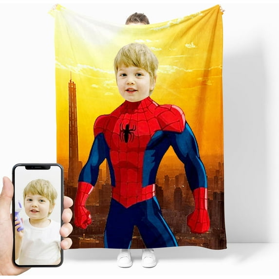 Custom Superhero Blanket with Kids Face Personalized Super Hero Blanket for Boys Girls Customized Birthday Gifts Blankets