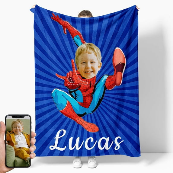 Custom Superhero Blanket with Kids Face Personalized Super Hero Blanket for Boys Girls Customized Birthday Gifts Blankets