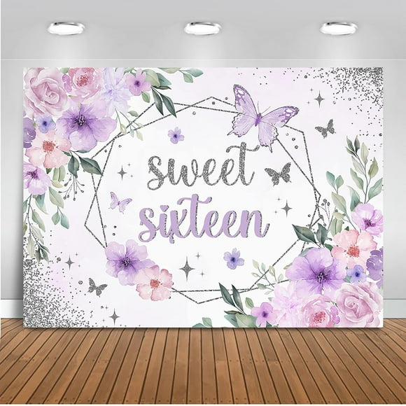 Custom Sweet 16 Backdrop Purple Butterfly Floral Sweet Sixteen Birthday Photography Background Sweet 16 Banner Cake Table Cake Dessert Table Decorations (7x5ft)
