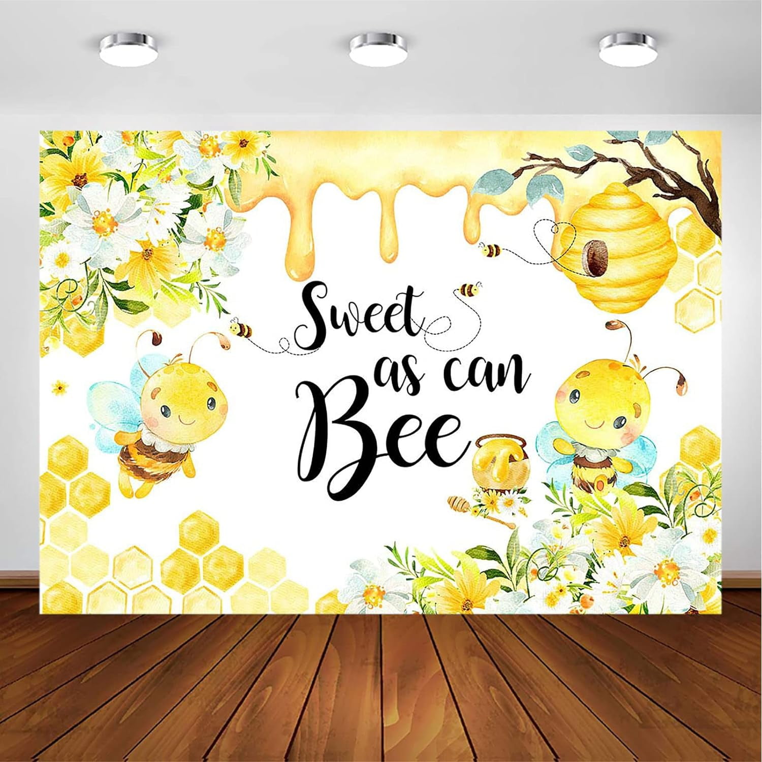 Gold Honey Bees Flower Custom Baby Shower Backdrop