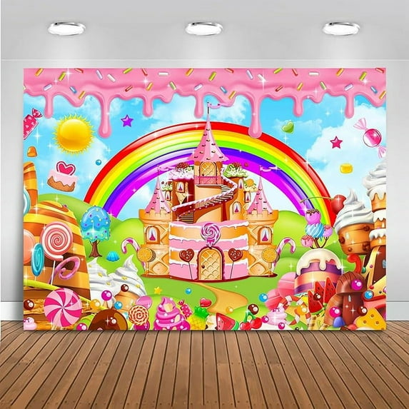 Custom Sweet Candyland Backdrop Lollipop Sweetest Candy Theme Birthday Party Decoration for Girl Candy Ice Cream Castle Rainbow Party Banner Sweetest Day Wall Decorations(82''x60'')