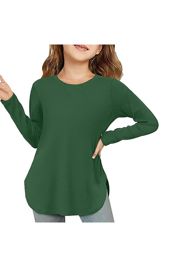 Custom T-Shirt For Girls Long Sleeve Shirts Kids Arc Hem Side Slit Soft Tunic Customize Your Own Design Tee Tops T Shirts Green 160/(13-14 Years)