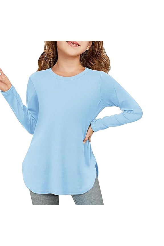 For Girls Long Sleeve Shirts Kids Arc Hem Side Slit Soft Tunic Customize Your Own Design Tee Tops T Shirts Sky Blue 130/(7-8 Years)