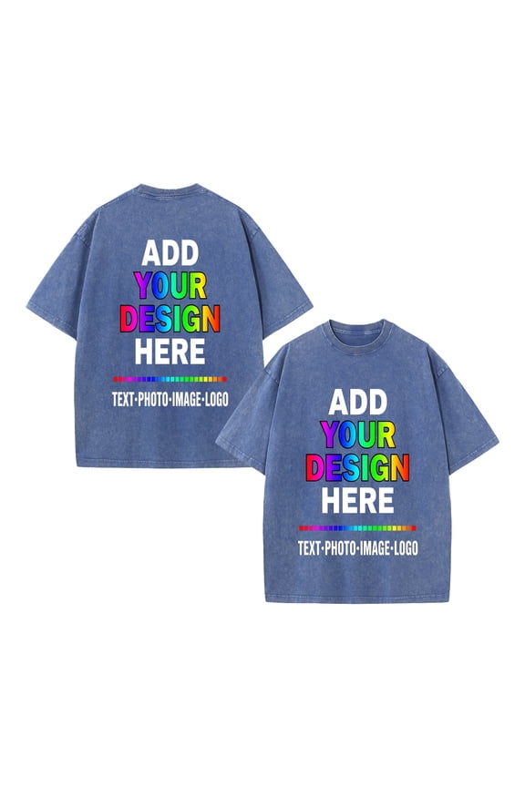 Custom T-Shirt Personalized Cotton Washed Short Sleeve T-Shirt - Double Sided Print, Blue 2XL