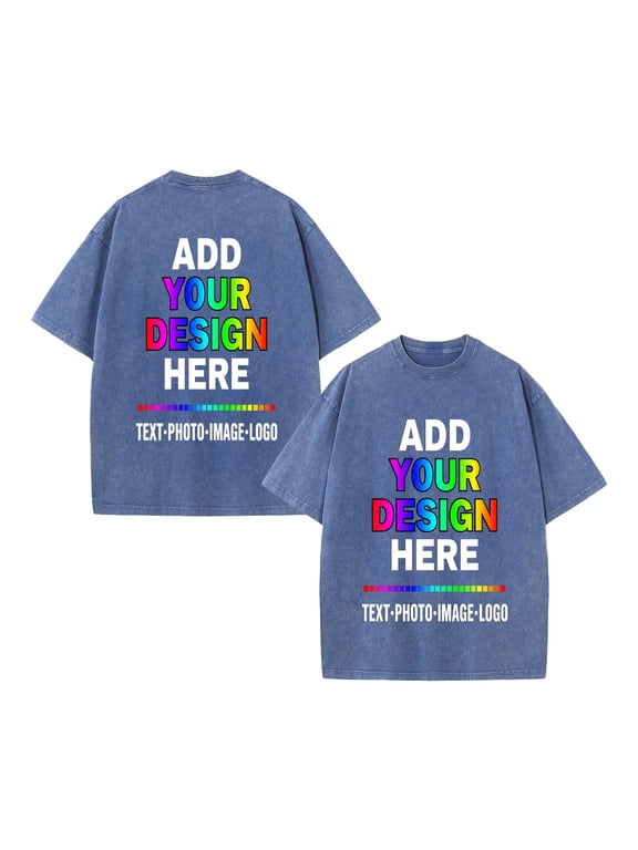 Custom T-Shirt Personalized Cotton Washed Short Sleeve T-Shirt - Double Sided Print, Blue M