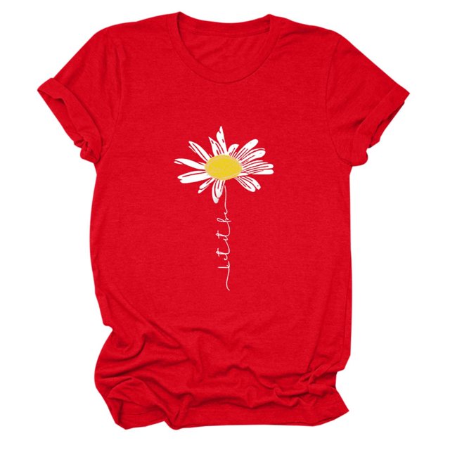Custom T Shirts,Women's Daisy Print Round Neck Pullover Loose Fit T