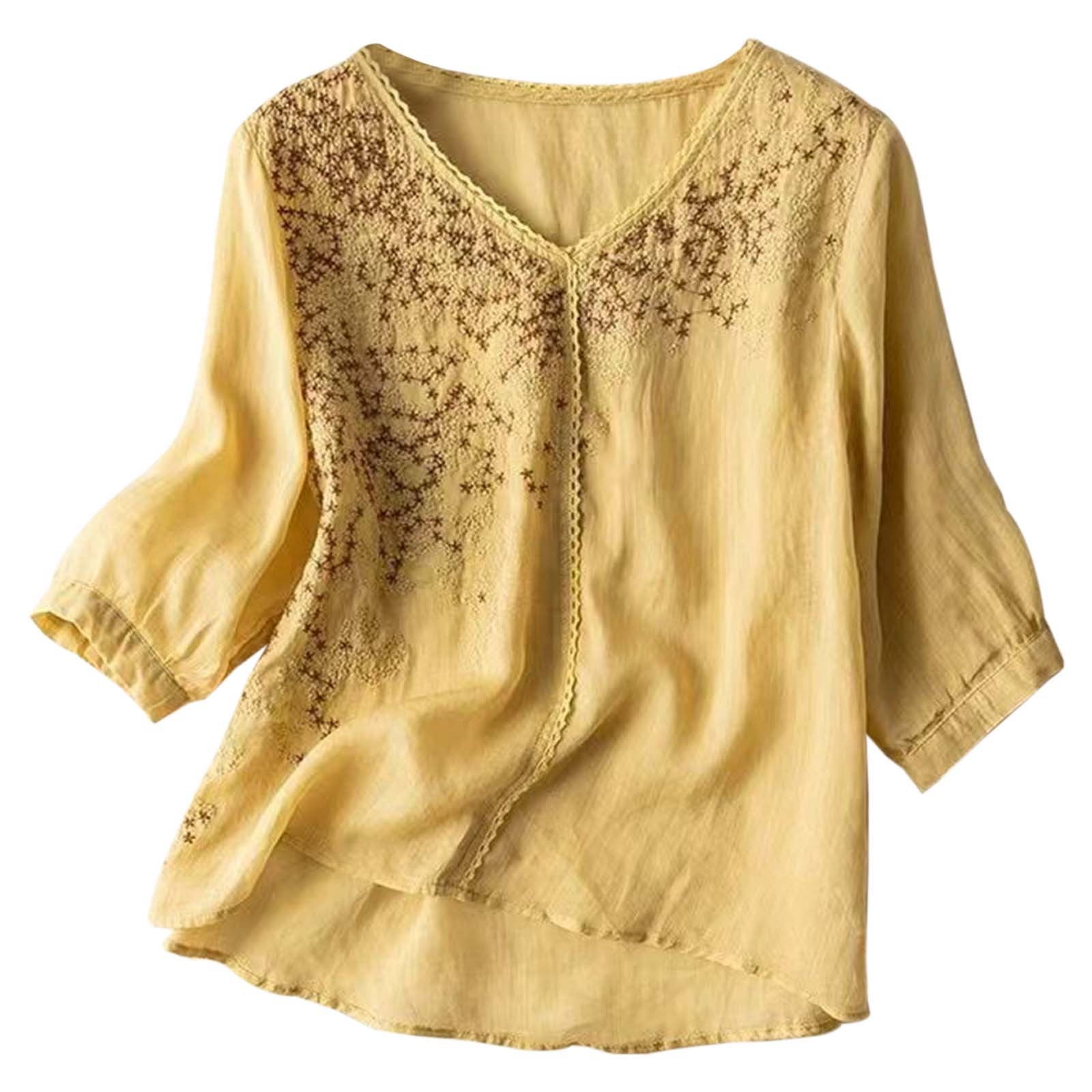 Custom T Shirts,Women's Summer Embroidered Lace Trim Boho Loose Fit