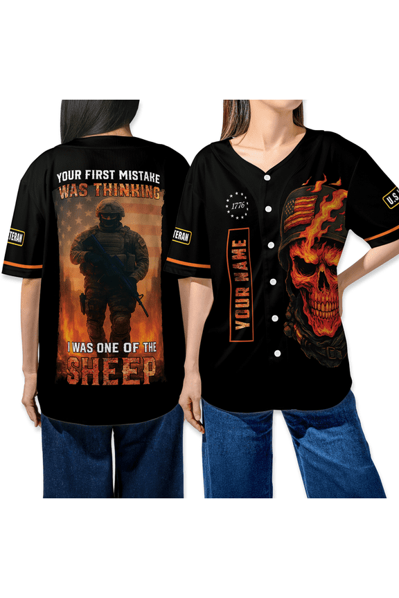 Custom Tactical Military Baseball Jersey – Veteran Graphic Shirt with Skull and Soldier Design – Personalized Patriotic Apparel for Men and Women