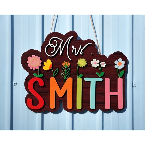 Custom Teacher Door Hanger – Personalized Teacher Gift, Rainbow Teacher Name Sign for Door, Custom Teacher Appreciation Wooden Decor