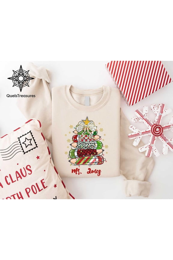 Custom Teacher Name Sweatshirt, Christmas Pencil Tree Sweater, Christmas Tree Shirt, Personalized Christmas Present For Teacher, Coquette Bow