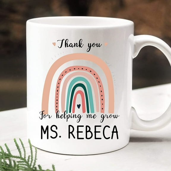 Custom Teacher Rainbow Mug, Thank You For Helping Me Grow Teacher Mug, Gift For Teacher From Students, Back To School Gifts Birthday Coffee Ceramic Mug