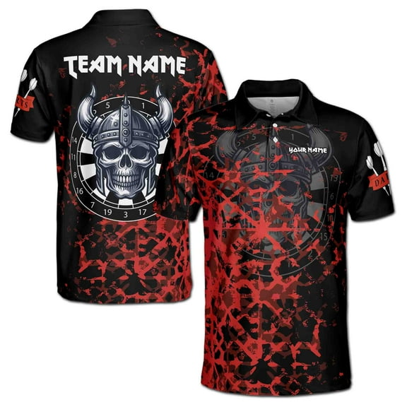 Custom Team Name Darts Viking Tribal Skull Black Red Men's Polo Shirt S-5XL