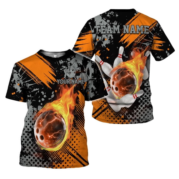Custom Team Name and Name Bowling Shirt, 3D Bowling Shirts for Men, Short Sleeve Shirts for Team Bowling (Orange, 5XL)