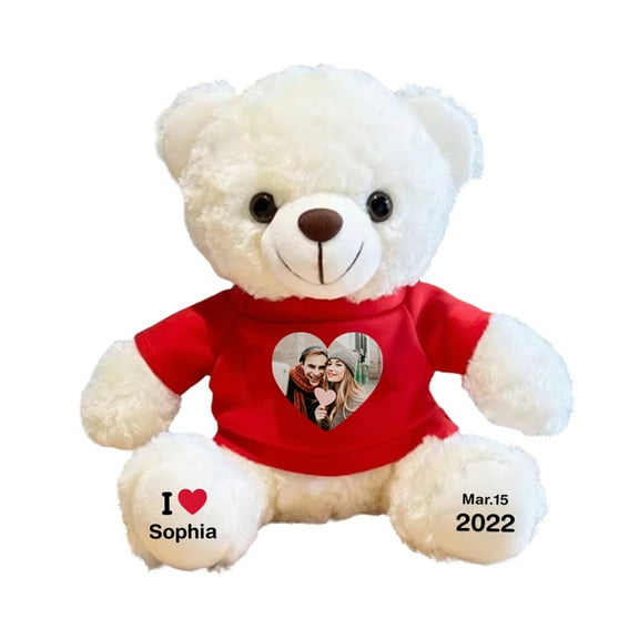 Custom Teddy Bear with Photo & Text – Red Shirt Personalized Stuffed Animal Gift, I Love You Keepsake Plush for Anniversary, Birthday, Valentine