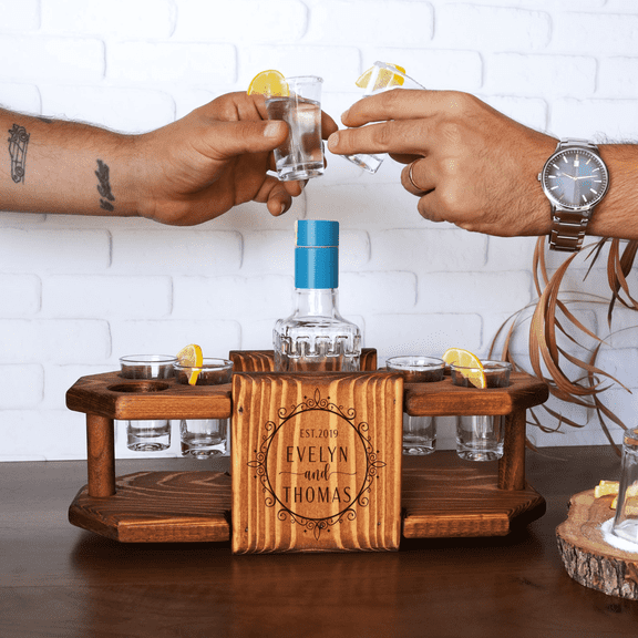 Custom Tequila Shot Board  14"x5.11"x4.72" Wood Stand with 6 Shot Glasses & Bottle Slot