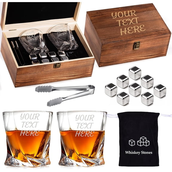 Custom Your Text and Logo Whiskey Gift Set of 2 Glasses, Tongs, & Stainless Steel Whiskey Stones  Personalized Premium Wood Box for Men Gift for Husband, Dad, or Him