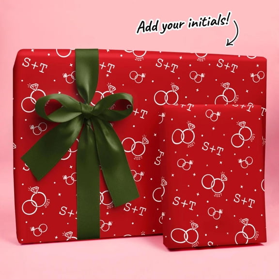 Custom Text Wrapping Paper Cherry Red Wedding Rings, Wrapping Paper Gift Wrap, 30x36 Inches