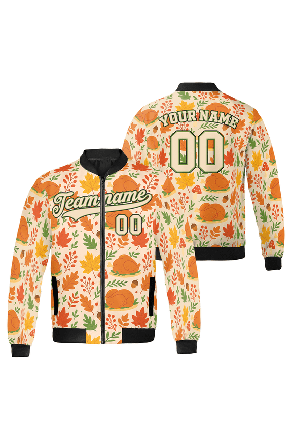 Custom Thanksgiving Bomber Jacket – Personalized Fall Leaves & Turkey Zip-Up Coat – Name & Number Jacket for Autumn