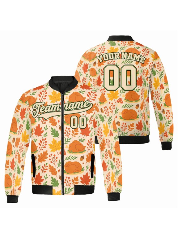 Custom Thanksgiving Bomber Jacket – Personalized Fall Leaves & Turkey Zip-Up Coat – Name & Number Jacket for Autumn