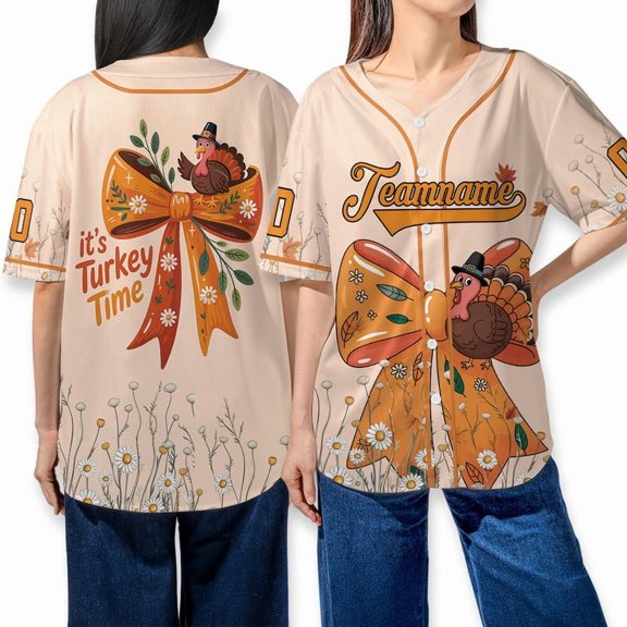 Custom Thanksgiving Turkey Baseball Jersey Shirt – "It's Turkey Time" Design – Autumn Holiday Shirt with Teamname & Number Option
