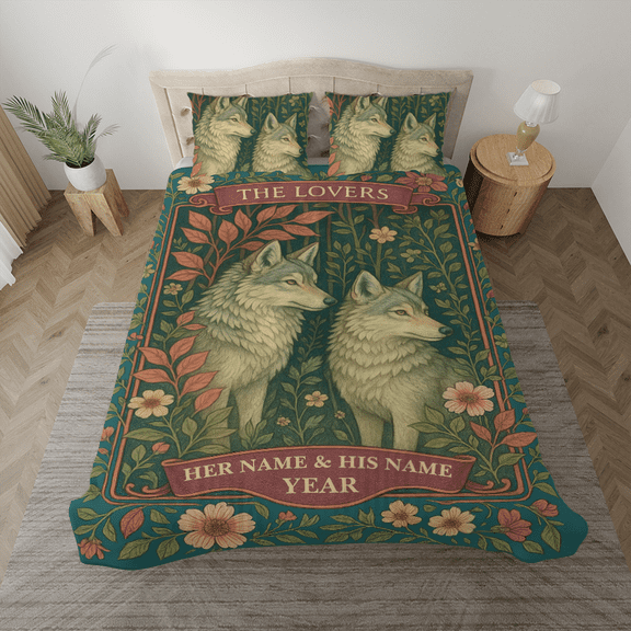 Custom The Lovers Wolf Couple Bedding Set - Personalized Floral Wolves Lovers Duvet Cover & Pillowcases