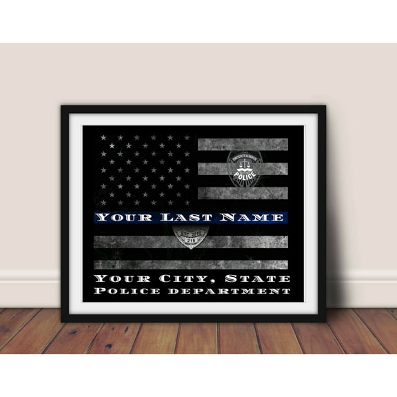 Custom Thin Blue Line Flag Frame Police Officer Art Art