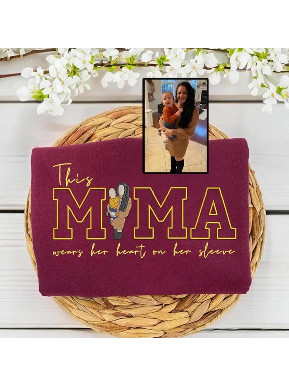 Custom This Mama Wears Her Heart On Her Sleeve Photo Embroidered, Sweatshirt