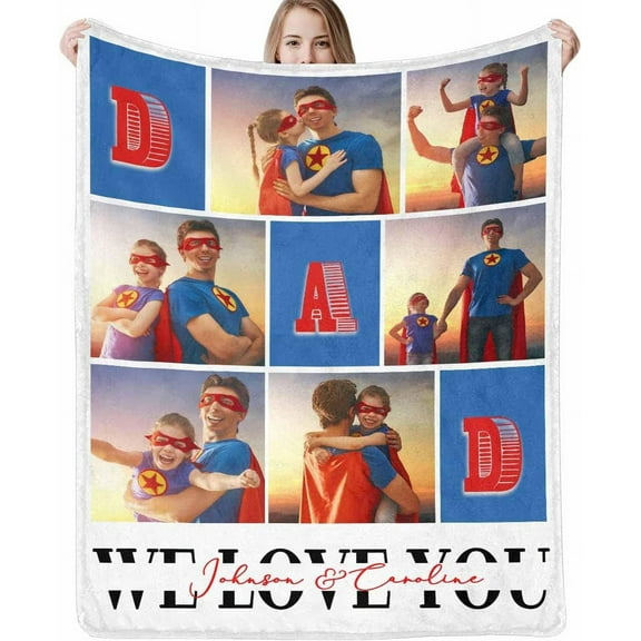 Custom Throw Blanket for Dad with Photo Personalized Happy Fathers Day Blankets with Pictures Customized Blanket for Dad Grandpa on Fathers day Halloween Christmas New Year Blankets