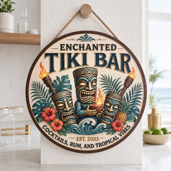 Custom Tiki Bar Wooden Sign - Personalized Poolside Tropical Decor