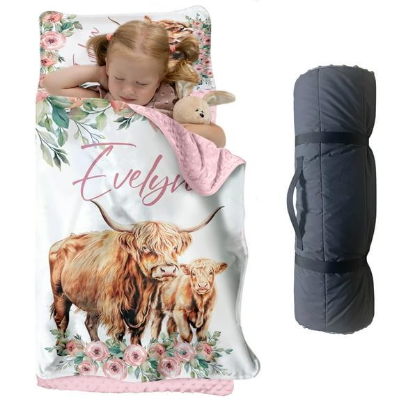 Custom Toddler Nap Mat for Preschool, Personalized Name Kids Sleeping Bag with Highland Cow Pattern for Daycare, Roll Up Sleeping Mat with Removable Pillow and Soft Dot Minky Blanke for Girls Camping