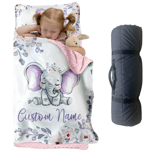 Custom Toddler Nap Mat for Preschool, Personalized Name Purple Flower Elephant Kids Sleeping Bag for Daycare, Roll Up Sleeping Mat with Removable Pillow and Soft Dot Minky Blanke for Girls Camping