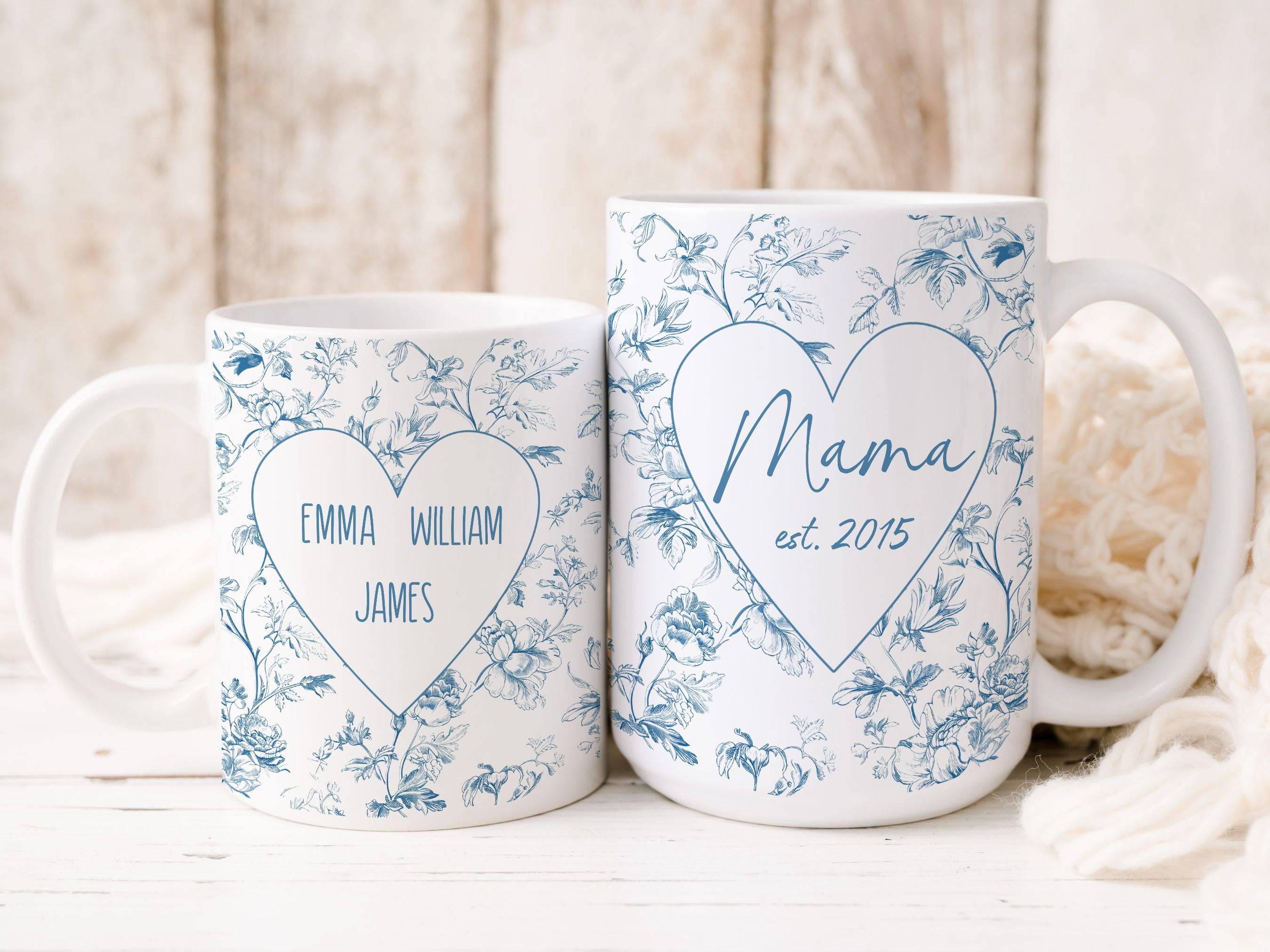 Custom Toile Mama Coffee Mug Blue Chinoiserie Mom Cup, Personalized New Mom Gift, Mothers Day / Baby Shower / Birthday, Stepmom Included