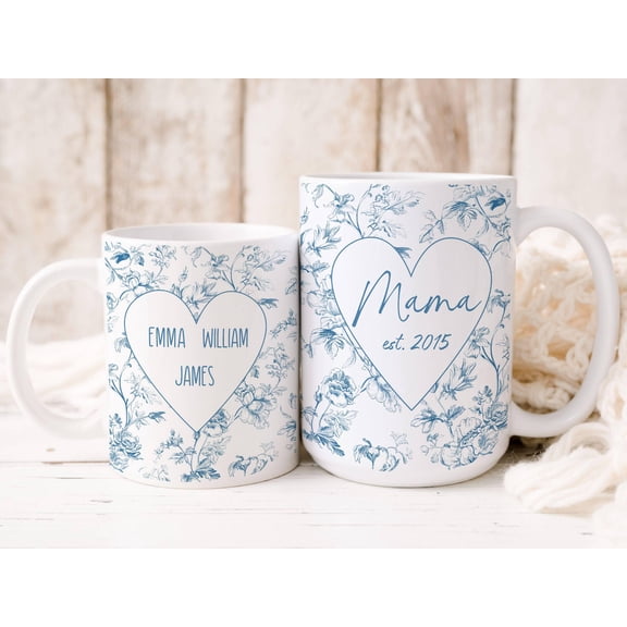 Custom Toile Mama Coffee Mug Blue Chinoiserie Mom Cup, Personalized New Mom Gift, Mothers Day / Baby Shower / Birthday, Stepmom Included