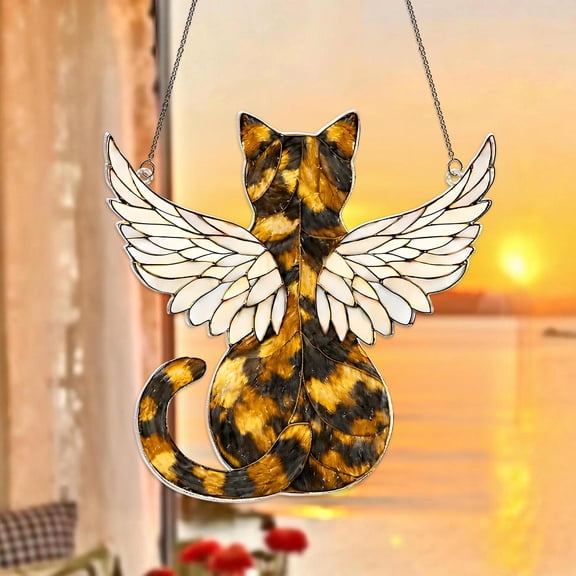 Custom Tortoiseshell Cat Acrylic Suncatcher, Angel Wings Window Hanging