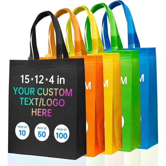 Custom Tote Bags 10/50/100 Pack, Promotional Items with Your Logo, Personalized Shopping Bags, 15*12*4 Inch Reusable Tote Bags with Handles