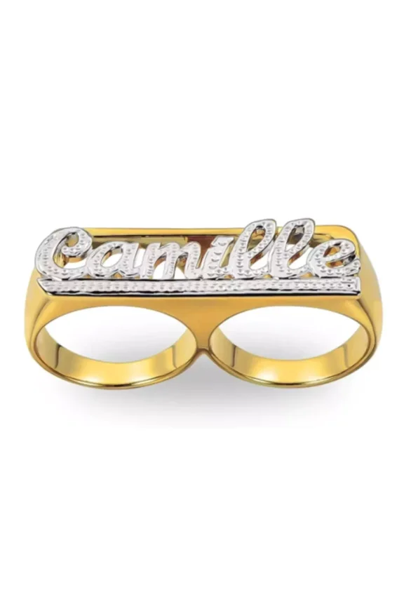 Custom Two Finger Name Ring - Personalized 14K Yellow Gold Over Sterling Silver Metal Jewelry for Unisex