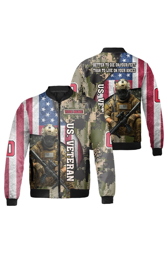 Custom U.S. Veteran Bomber Jacket – Camouflage Military Style, American Flag Design, Personalized Name & Number, Soldier Quote Gift