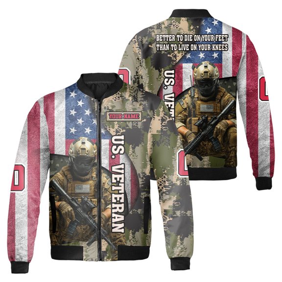 Custom U.S. Veteran Bomber Jacket – Camouflage Military Style, American Flag Design, Personalized Soldier Quote Gift Jacket