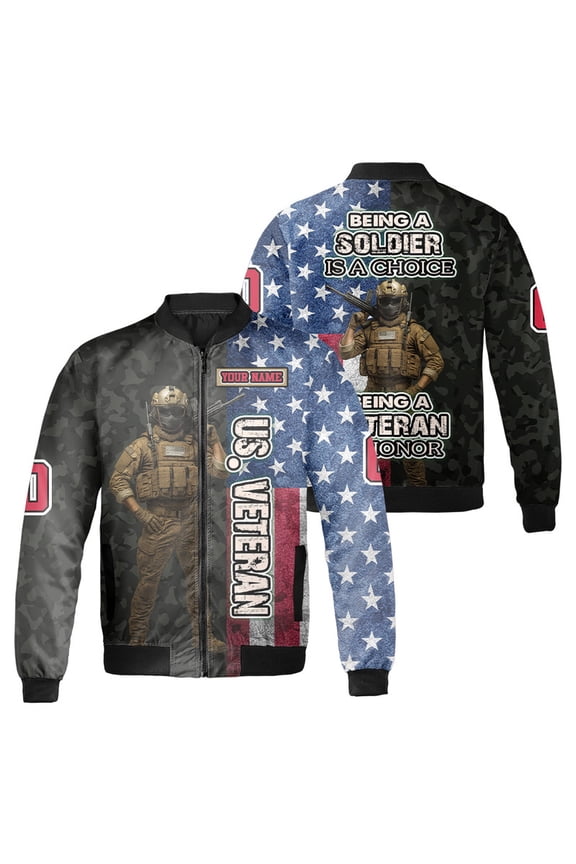 Custom U.S. Veteran Bomber Jacket – Military Army Style, Personalized Name, Patriotic American Flag Coat
