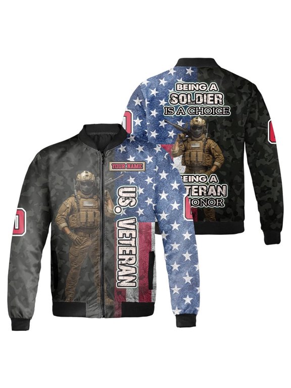 Custom U.S. Veteran Bomber Jacket – Military Army Style, Personalized Name, Patriotic American Flag Coat