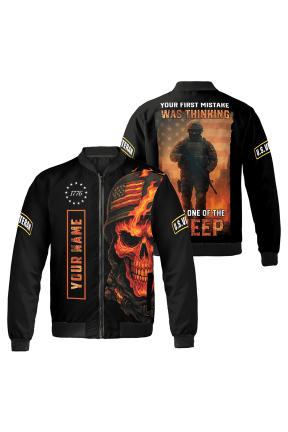 Custom U.S. Veteran Bomber Jacket – Tactical Skull Soldier Flame Design – Personalized Military Tribute Coat with Name