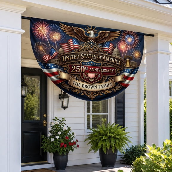 Custom USA 250th Anniversary Semicircular Flag, America 250 Banner, Patriotic Fireworks Decor