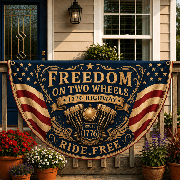 Freedom on Two Wheels Flag Vintage Engine Metallic Gold Biker Porch Decor