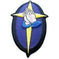 thumbnail image 1 of Custom and Unique (2 1/2" by 4" Inches) Religious Jesus Christ Christian Biker Emblem Praying Hands Cross Iron On Embroidered Applique Patch {Blue, Yellow, and Black Colors}, 1 of 1