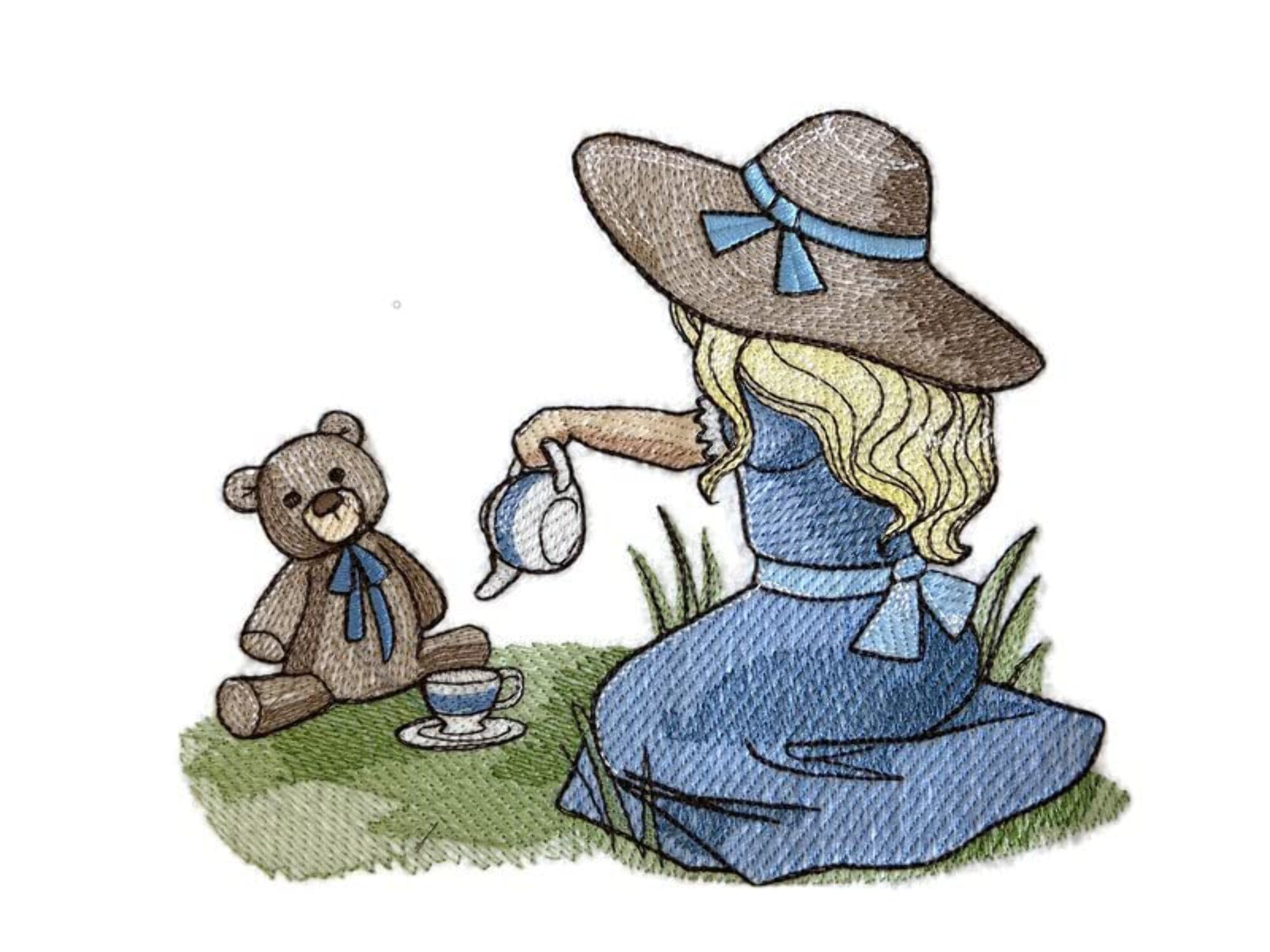 Custom Unique Childhood Nostalgia - Tea Time with Teddy Embroidery Iron On/Sew Patch (6.72"(w) x 5.48"(h)[Made in USA]