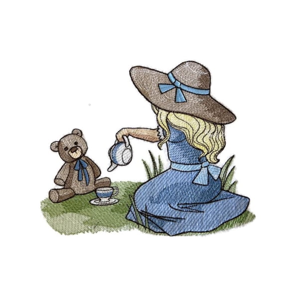 Custom Unique Childhood Nostalgia - Tea Time with Teddy Embroidery Iron On/Sew Patch (6.72"(w) x 5.48"(h)[Made in USA]