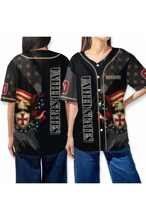 Custom United States Baseball Jersey – Patriotic Bald Eagle & Shield Design – American Flag Military Shirt – Personalized Name & Number – Unisex Veteran Gift Tee