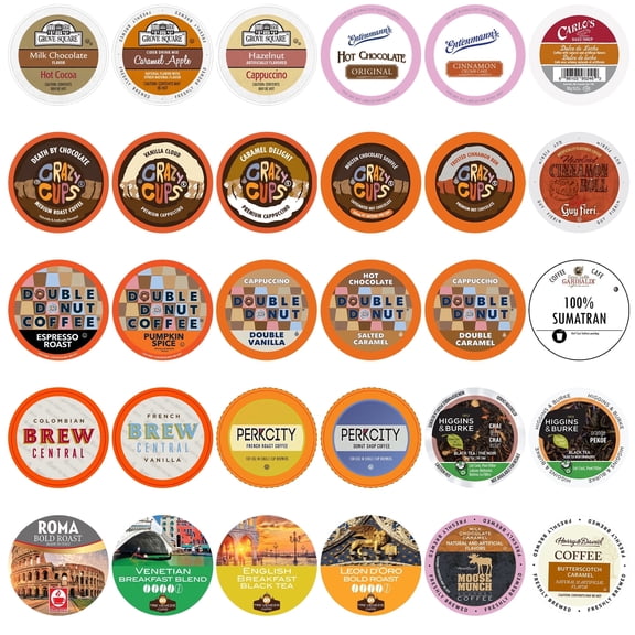 Custom Variety Pack Coffee, Tea, and Hot Chocolate Winter Sampler - Single Serve Pods for Keurig K-Cup Machines, 30 Assorted Flavors Party Mix, Great Coffee Gifts