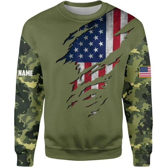 Custom Veteran Army T-Shirt US Military Pride American Flag Vintage Personalized Army Shirts for Men Memorial Day (Sweatshirt, L)